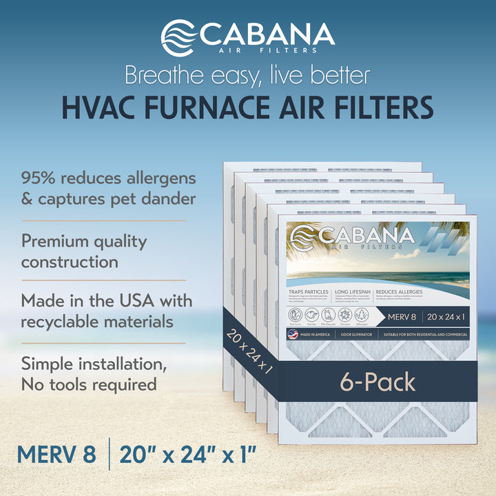 Cabana Air Filters 6 Pack HVAC Furnace Air Filters, MERV 8, 20 x 24 x 1, White (Open Box)