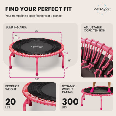 JumpSport 350 PRO Fitness Trampoline, Cardio Workout Equipment, 39 Inch, Blossom - VMInnovations