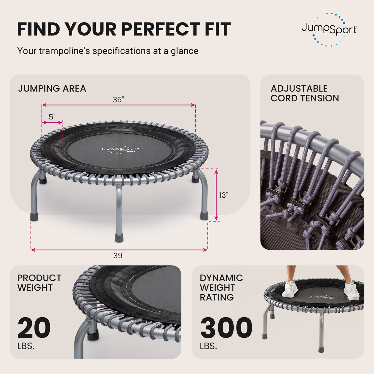 JumpSport 350 PRO Fitness Trampoline, Cardio Workout Equipment, 39", Graphite