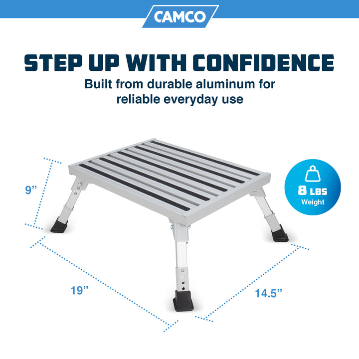 Camco Folding Aluminum Step Stool, Adjustable Height for RV and Trailers, Silver