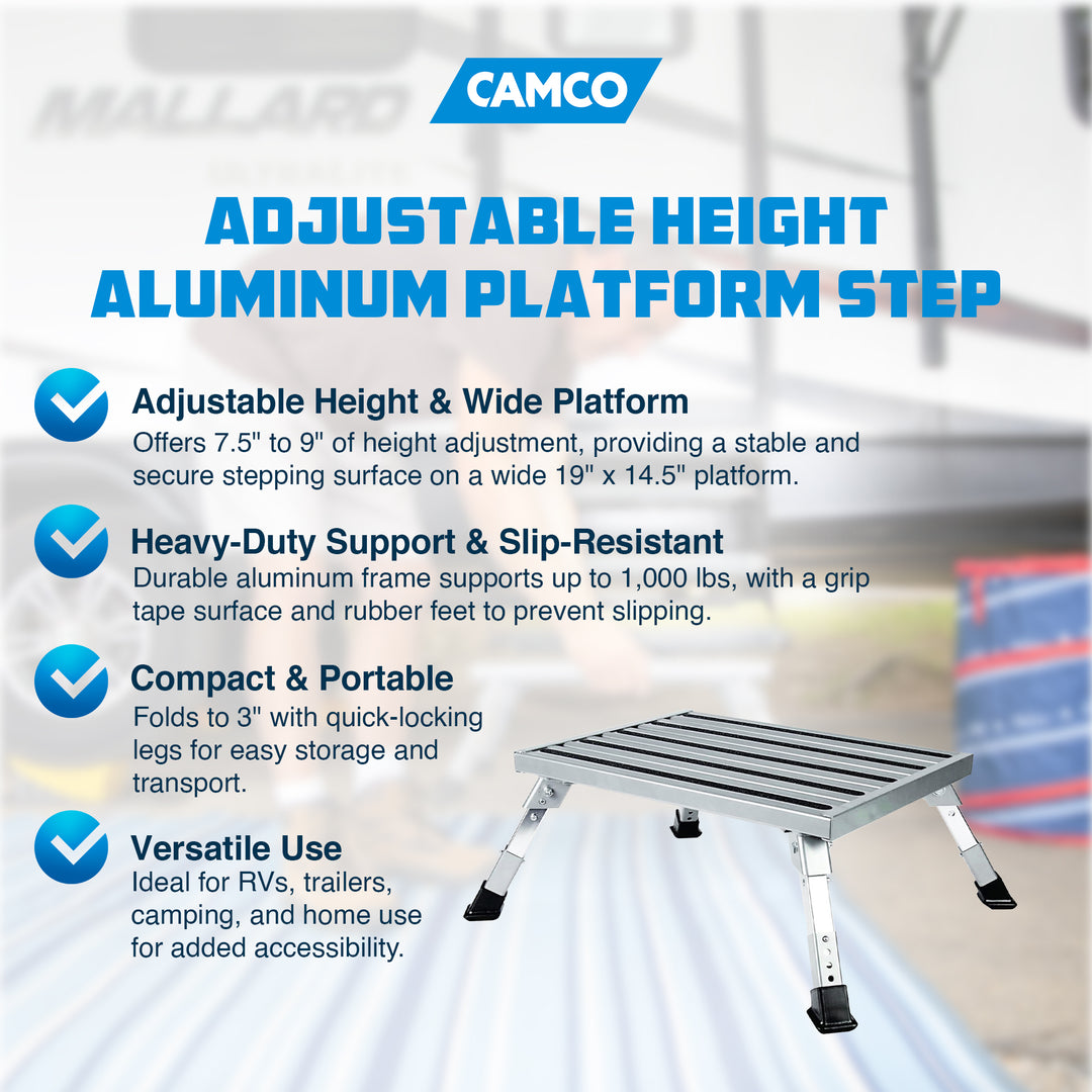 Camco Folding Aluminum Step Stool, Adjustable Height for RV and Trailers, Silver