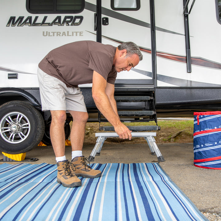 Camco Folding Aluminum Step Stool, Adjustable Height for RV and Trailers, Silver