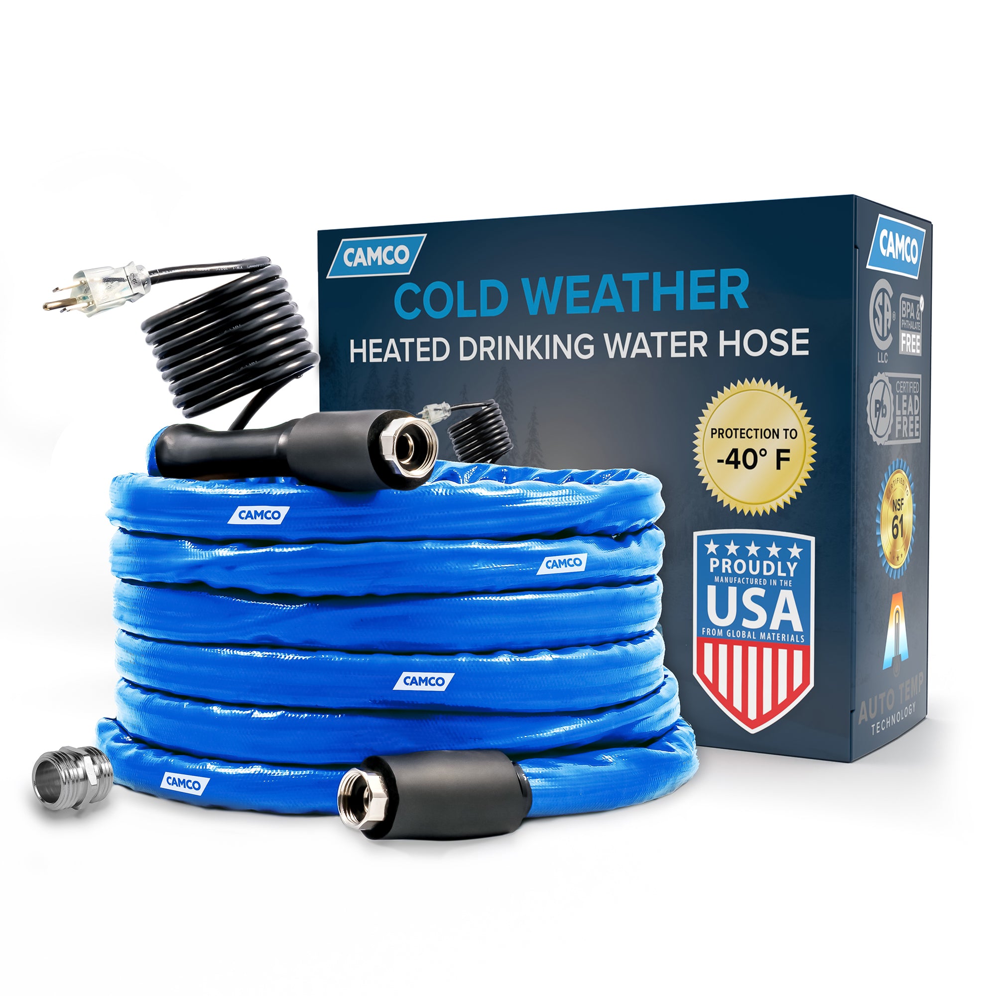 Camco Heated 50' RV Drinking Water Hose, Freeze Regulator, -40F, Blue(Open Box) - VMInnovations