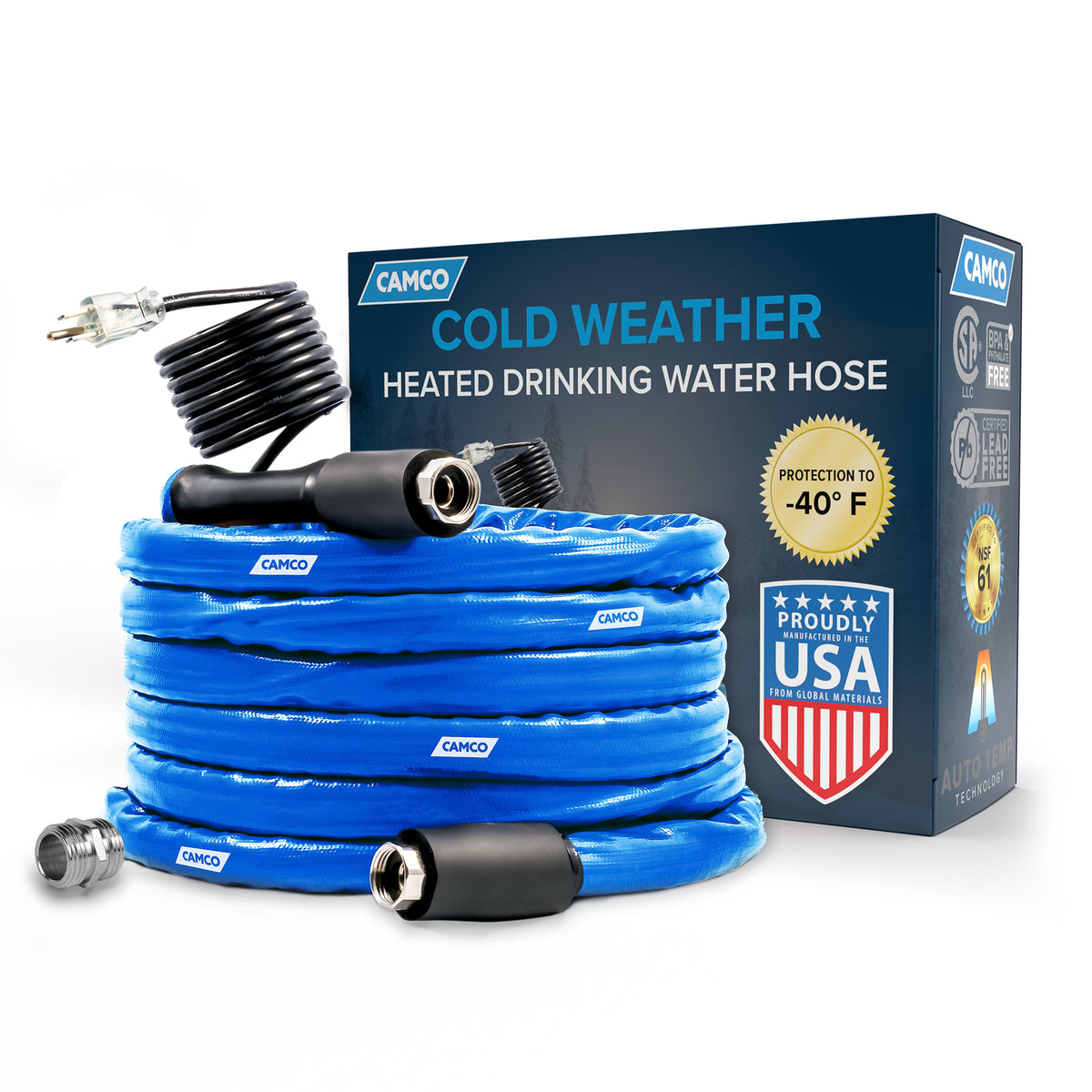 Camco Heated 50' RV Drinking Water Hose, Freeze Regulator, -40F, Blue(Open Box)