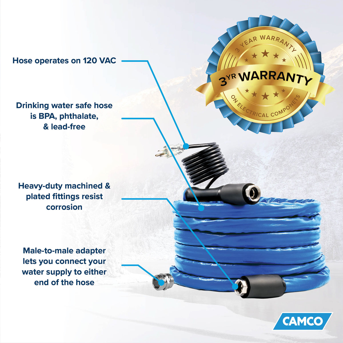 Camco Heated 50' RV Drinking Water Hose, Freeze Regulator, -40F, Blue(Open Box) - VMInnovations