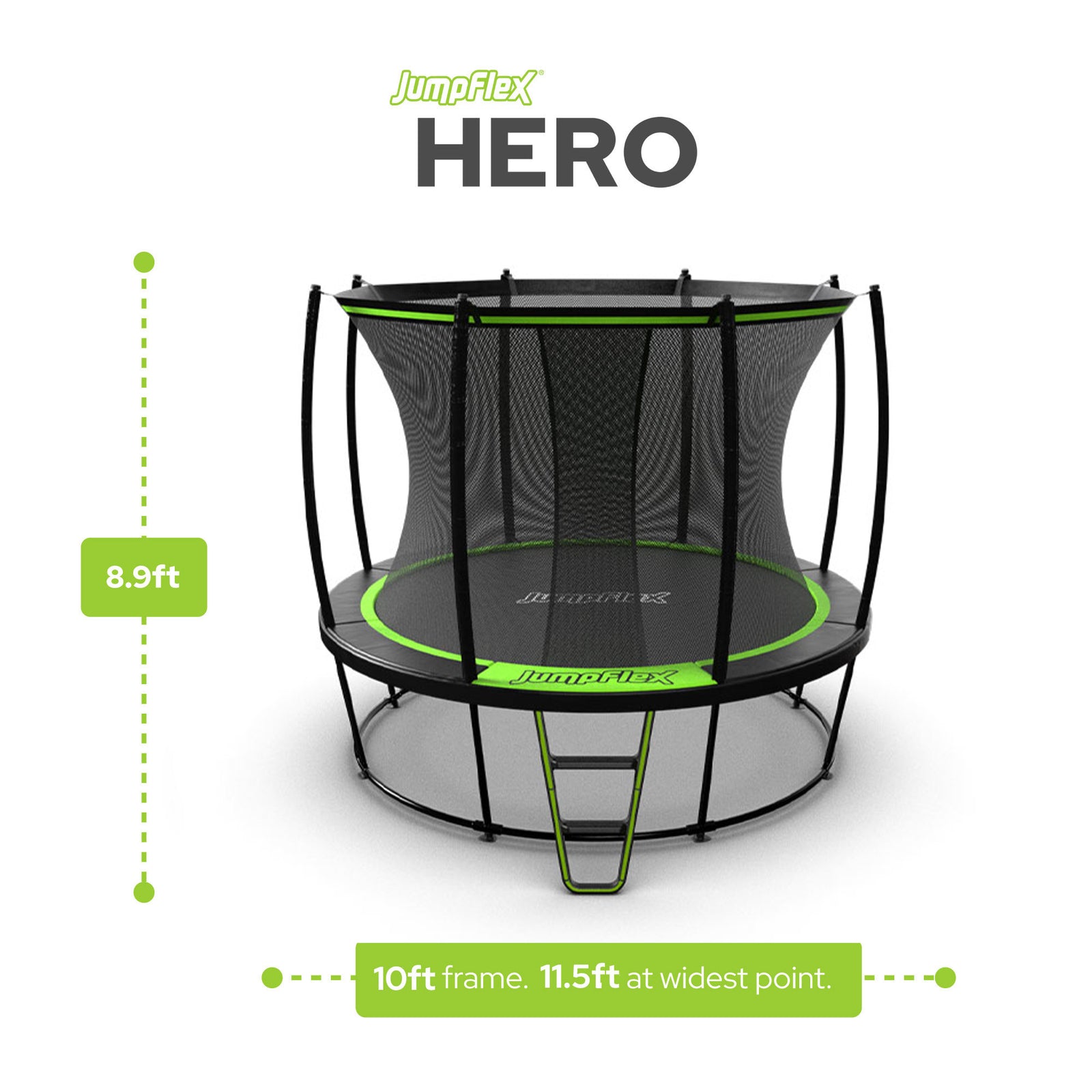 JumpFlex HERO 10' Trampoline for Kids Outdoor Play Equipment with Net and Ladder - VMInnovations