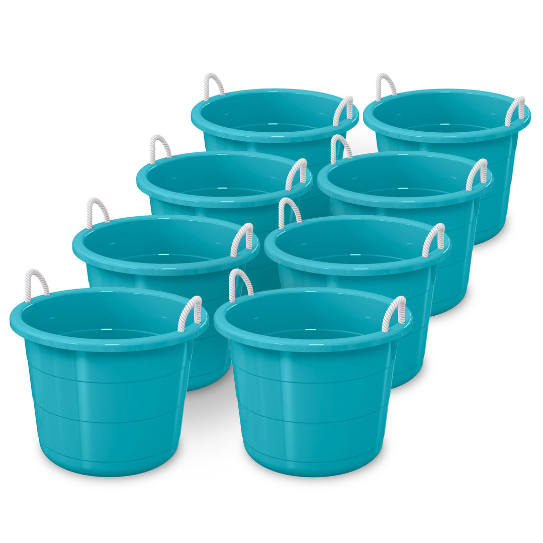 Life Story 17 Gallon Round Open Storage Bucket with Rope Handles, Teal, 8 Pack