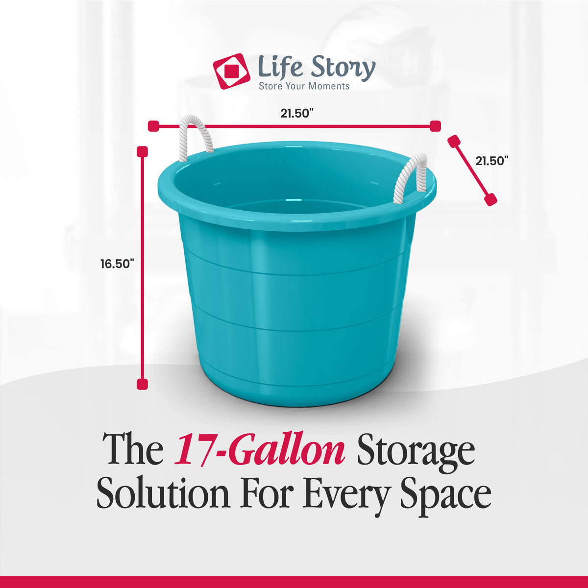 Life Story 17 Gallon Round Open Storage Bucket with Rope Handles, Teal, 8 Pack