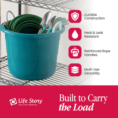 Life Story 17 Gallon Round Open Storage Bucket with Rope Handles, Teal, 8 Pack