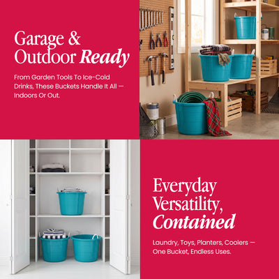 Life Story 17 Gallon Round Open Storage Bucket with Rope Handles, Teal, 8 Pack