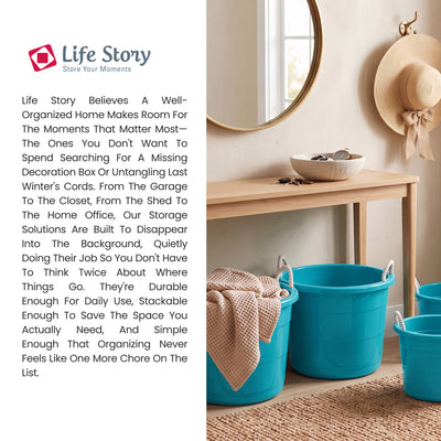 Life Story 17 Gallon Round Open Storage Bucket with Rope Handles, Teal, 8 Pack