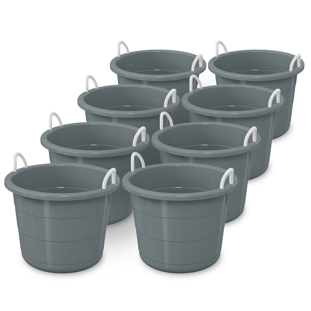 Life Story 17 Gallon Round Open Storage Bucket with Rope Handles, Gray, 8 Pack