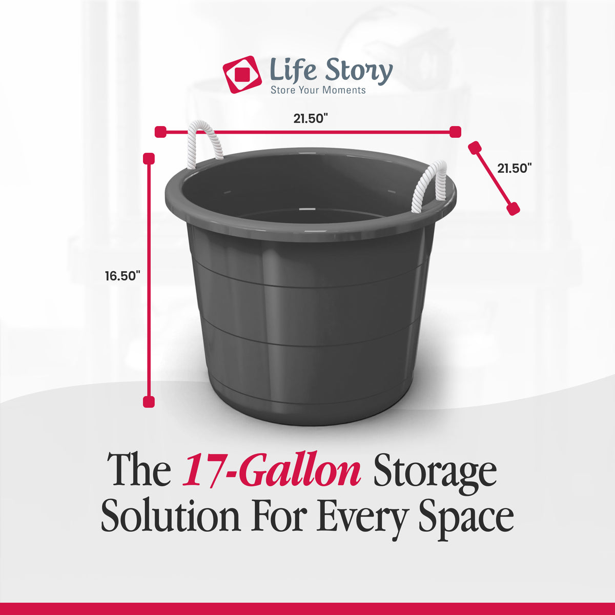 Life Story 17 Gallon Round Open Storage Bucket with Rope Handles, Gray, 8 Pack