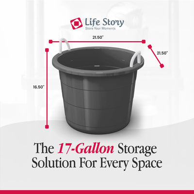 Life Story 17 Gallon Round Open Storage Bucket with Rope Handles, Gray, 8 Pack