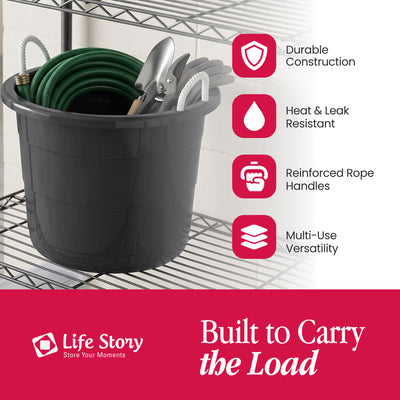Life Story 17 Gallon Round Open Storage Bucket with Rope Handles, Gray, 8 Pack