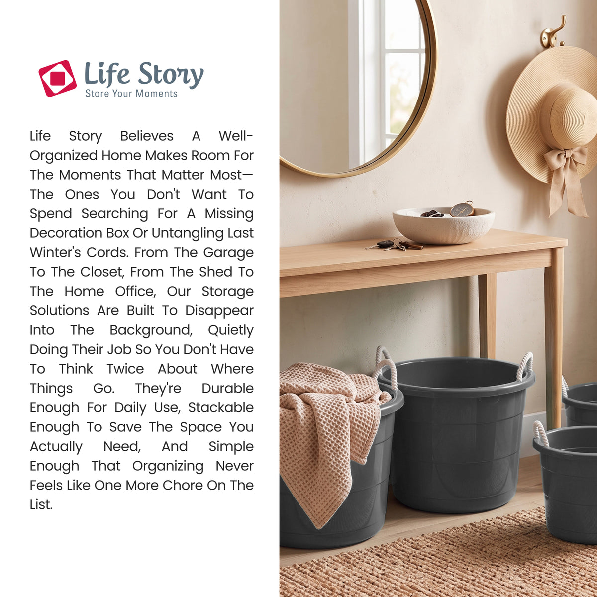 Life Story 17 Gallon Round Open Storage Bucket with Rope Handles, Gray, 8 Pack