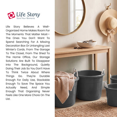 Life Story 17 Gallon Round Open Storage Bucket with Rope Handles, Gray, 8 Pack