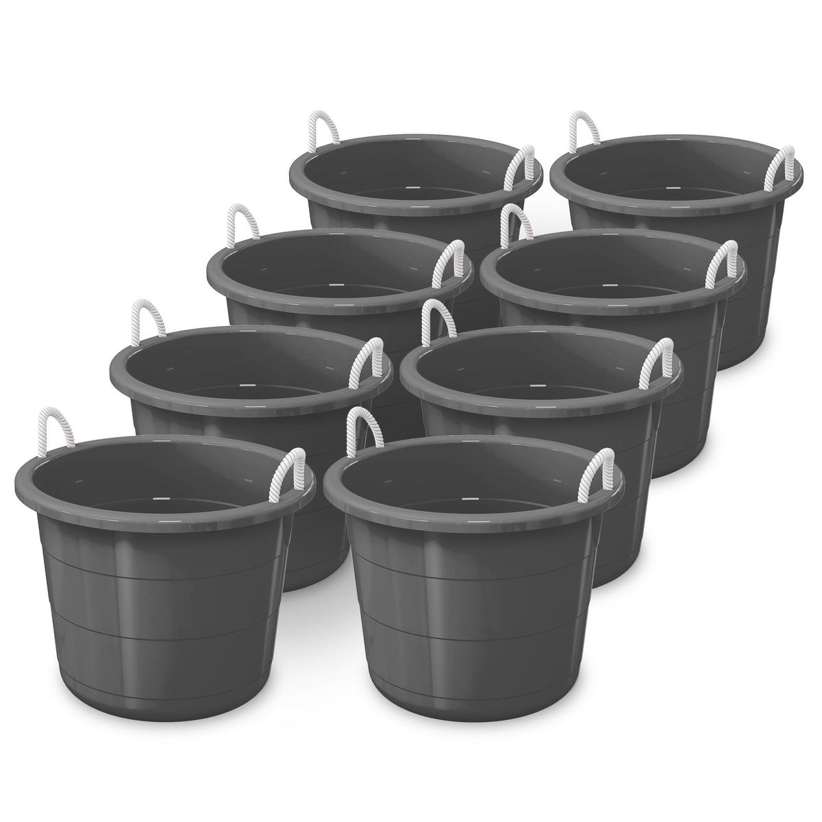 Life Story 17 Gallon Round Open Storage Bucket with Rope Handles, Gray, 8 Pack