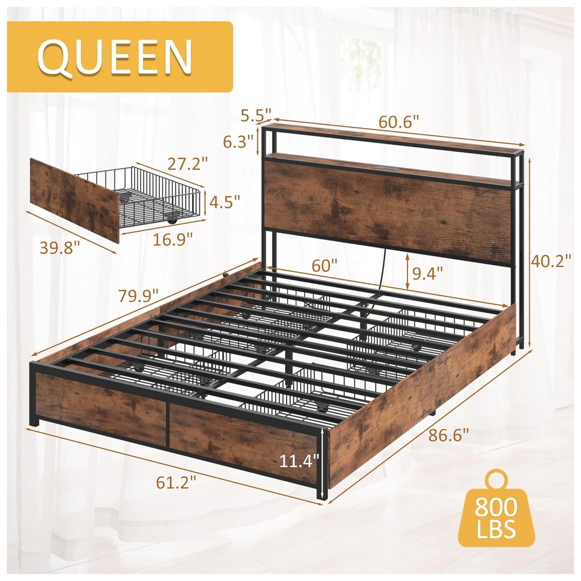 Lifezone Bed Frame, Storage Headboard w/Charging Station, Queen, Brown(Open Box) - VMInnovations