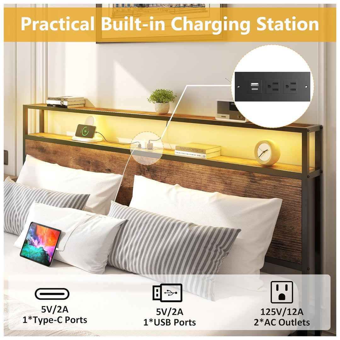 Lifezone Bed Frame, Storage Headboard w/Charging Station, Queen, Brown(Open Box)