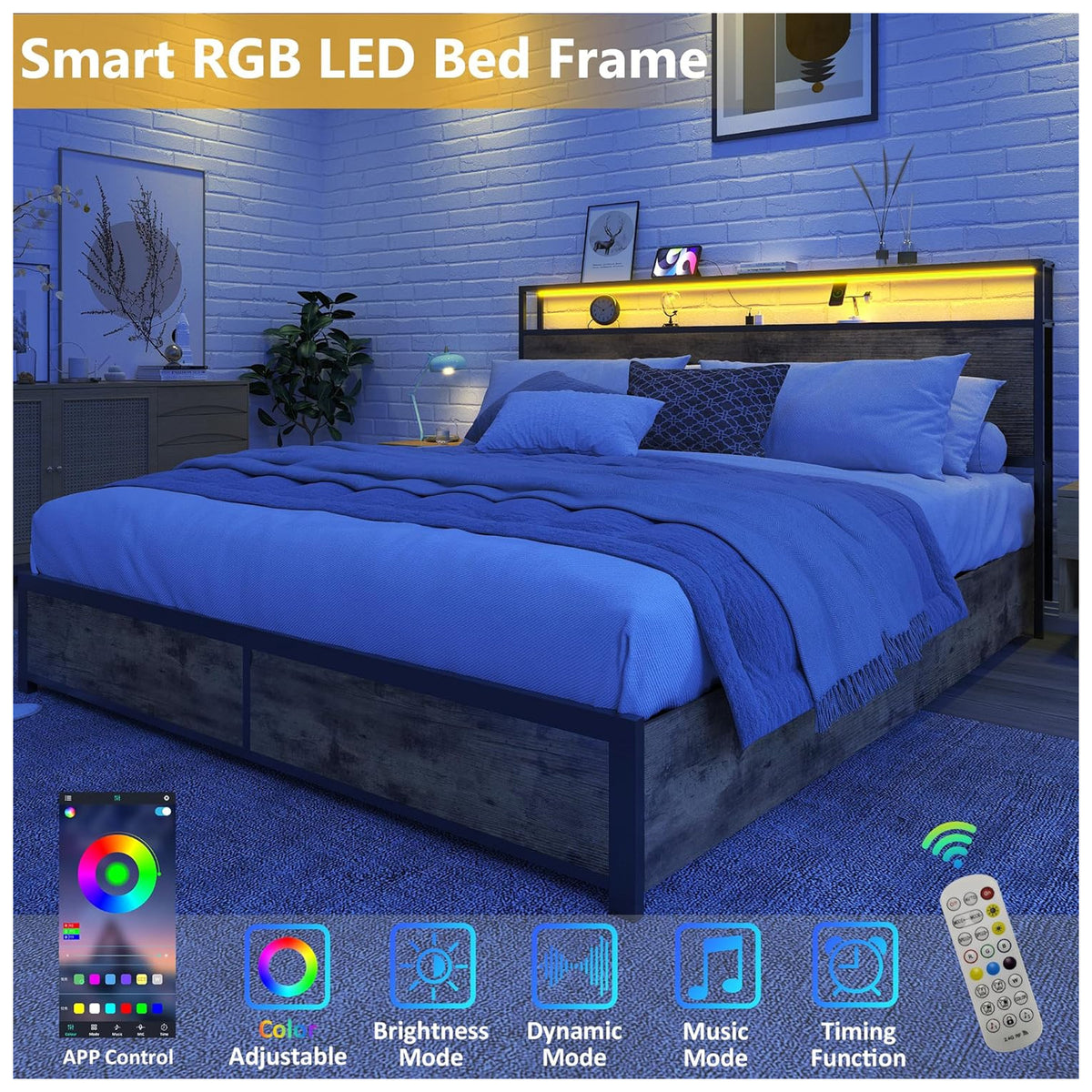 Lifezone Bed Frame, Storage Headboard w/Charging Station, Queen, Brown(Open Box) - VMInnovations