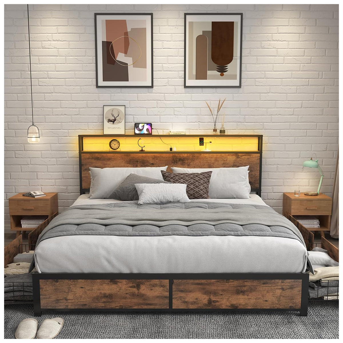 Lifezone Bed Frame, Storage Headboard w/Charging Station, Queen, Brown(Open Box) - VMInnovations