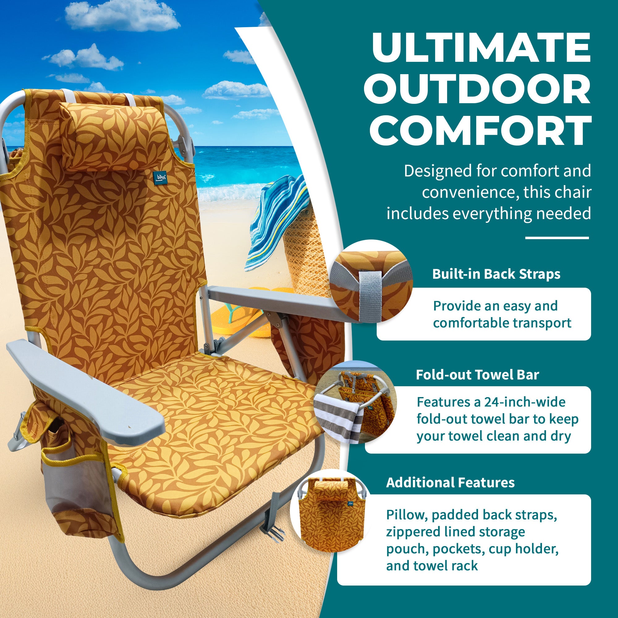 Bliss Hammocks Folding Beach Chair Recliner with Detachable Cooler, (Used)