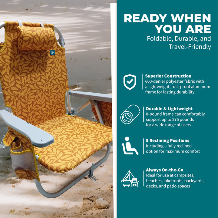 Bliss Hammocks Folding Beach Chair Recliner with Detachable Cooler, Amber Leaf