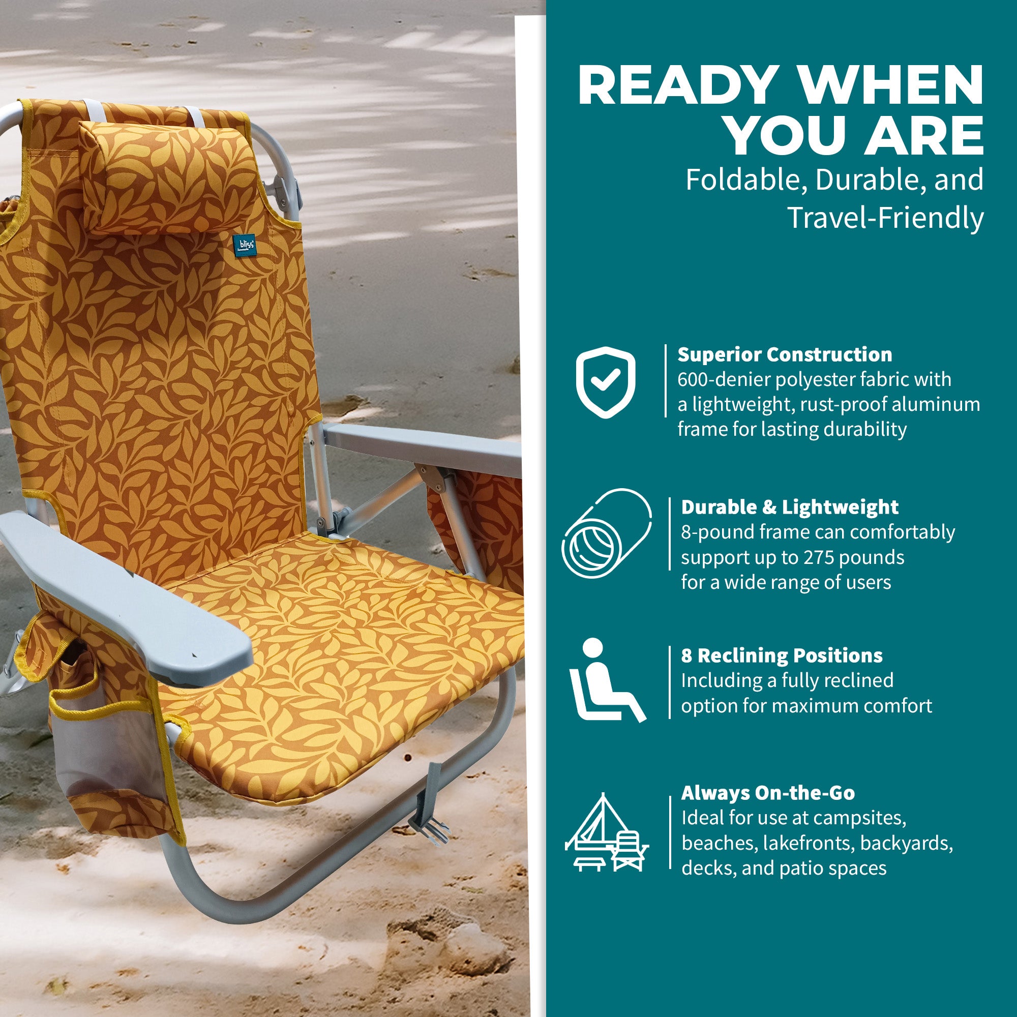 Bliss Hammocks Folding Beach Chair Recliner with Detachable Cooler, (Used)