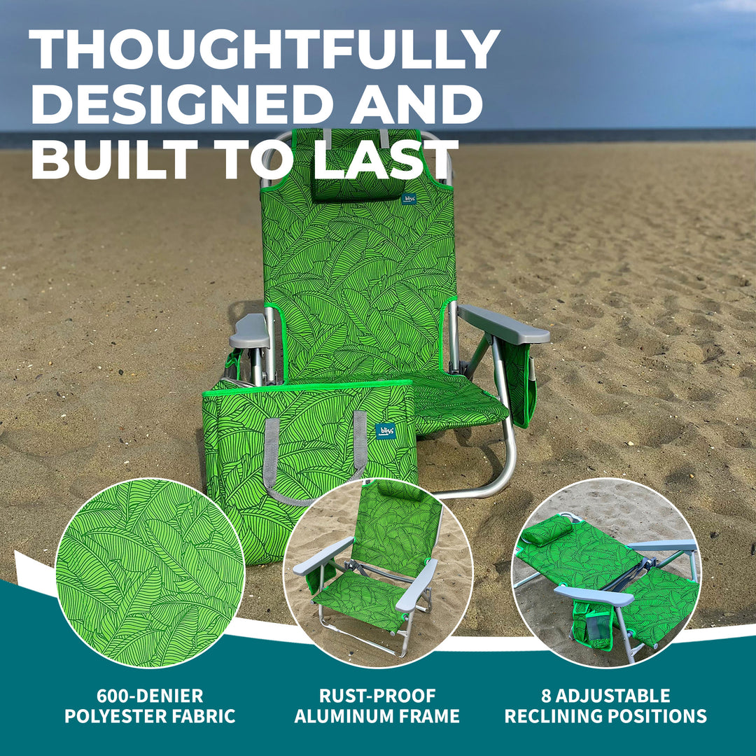 Bliss Hammocks Folding Beach Chair Recliner w/ Detachable Cooler, Banana Leaves