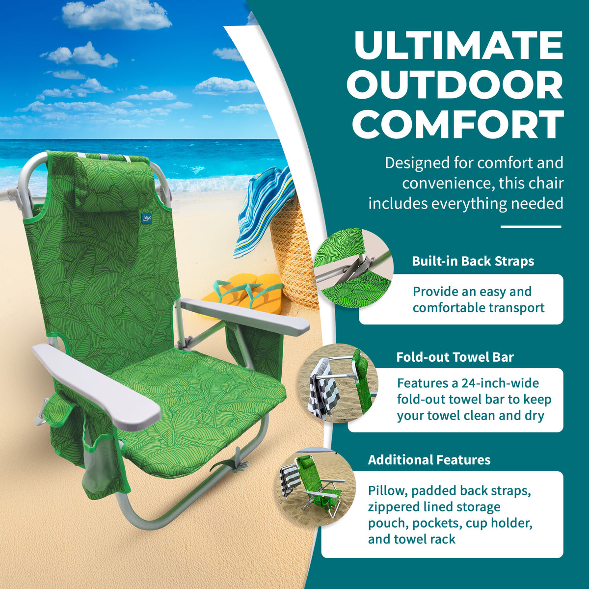 Bliss Hammocks Folding Beach Chair Recliner w/ Detachable Cooler (Open Box) - VMInnovations