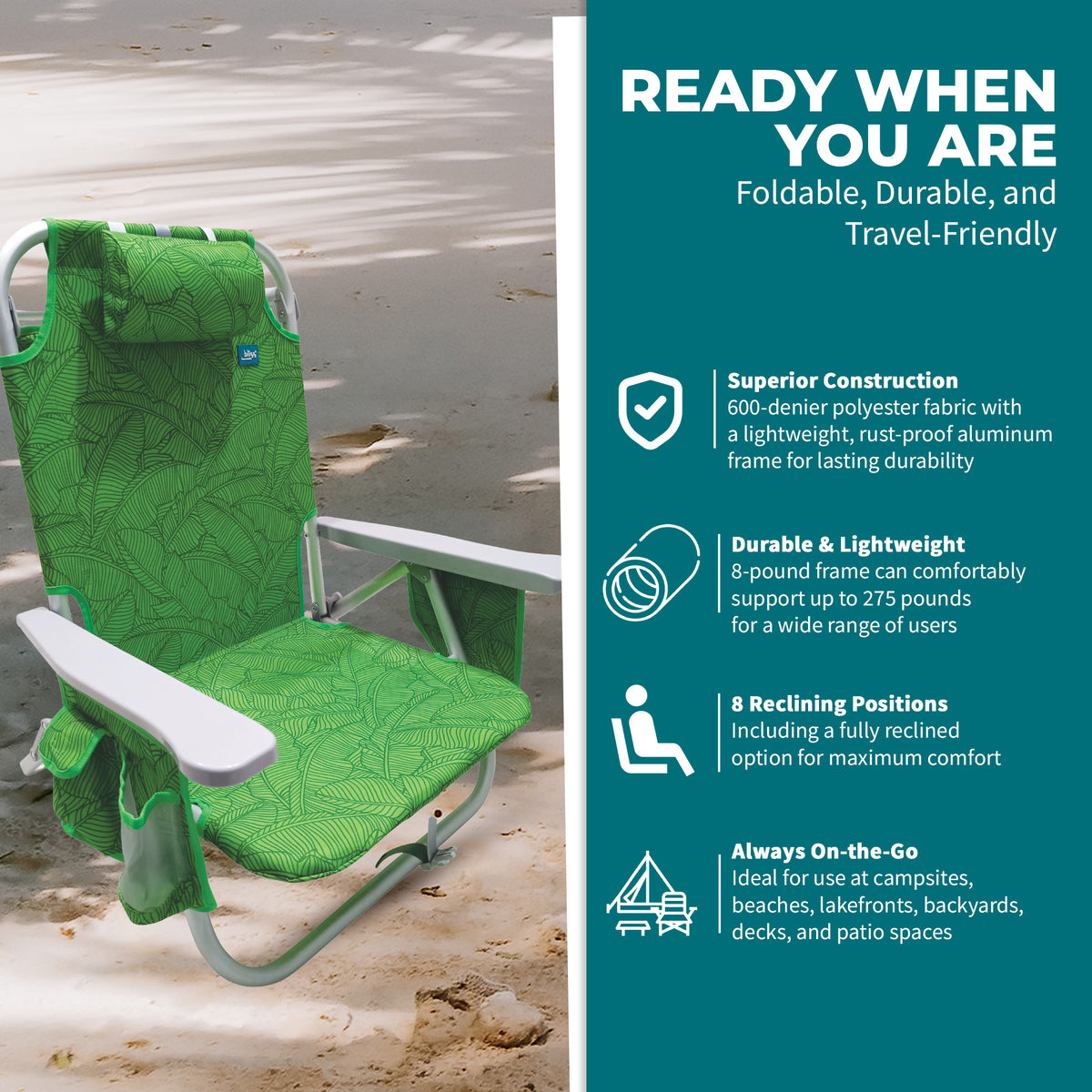 Bliss Hammocks Folding Beach Chair Recliner w/ Detachable Cooler (Open Box) - VMInnovations