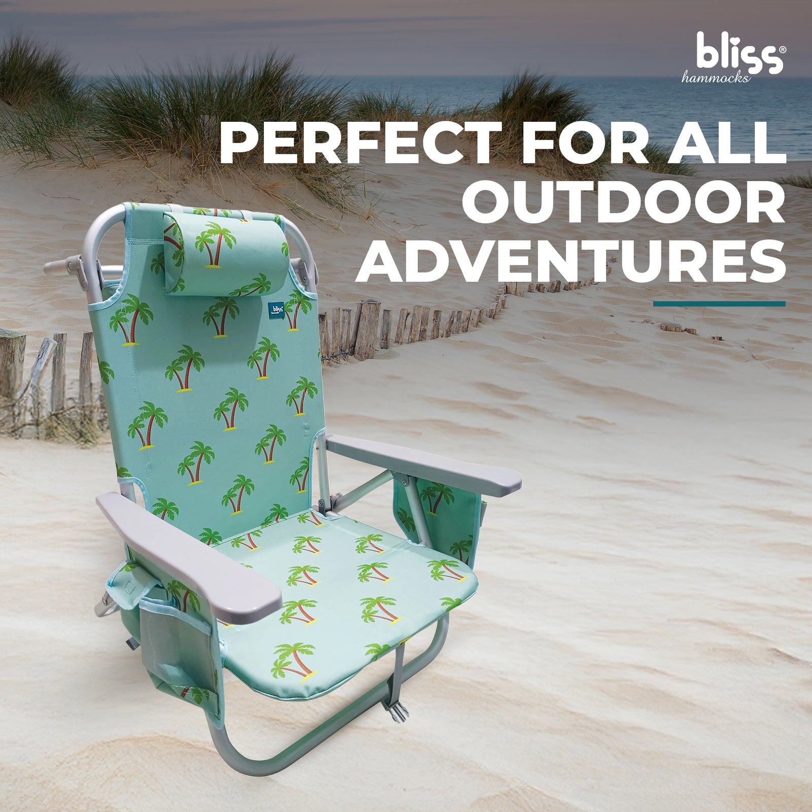 Bliss Hammocks Folding Beach Chair Recliner with Detachable Cooler, Palm Tree - VMInnovations