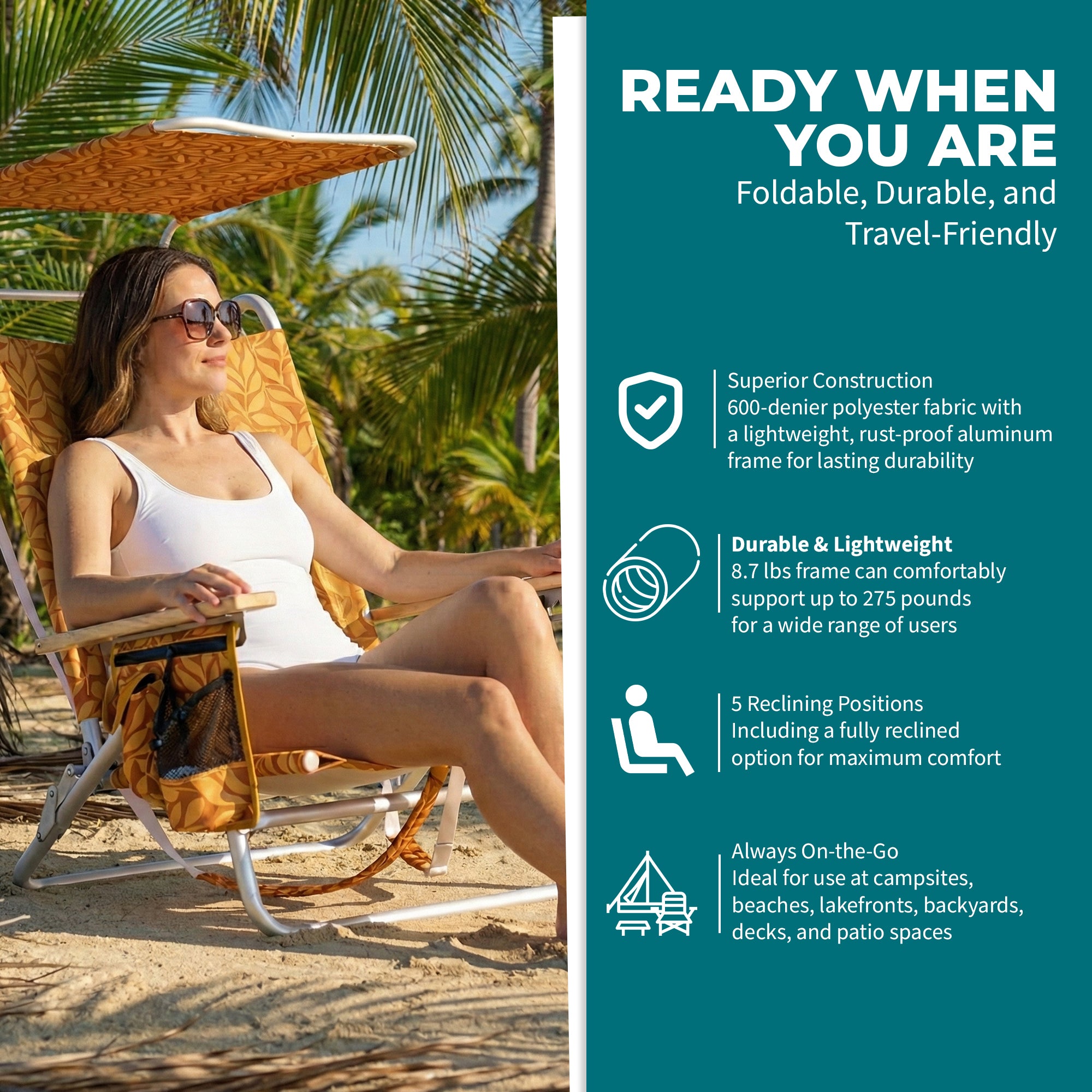 Bliss Hammocks Folding Beach Chair, Backpack Recliner with Canopy, (Used)