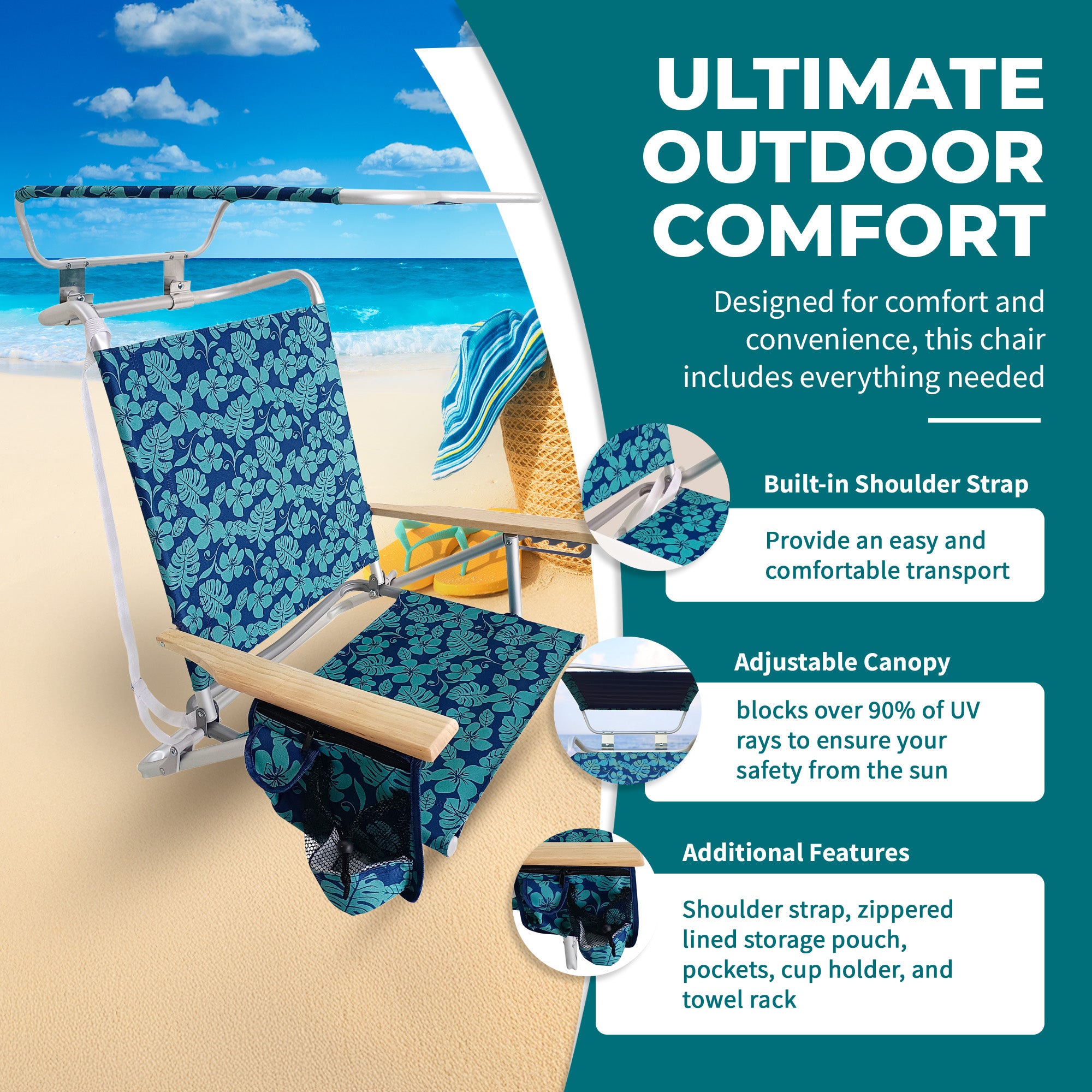 Bliss Hammocks Folding Beach Chair, Backpack Recliner with Canopy (Open Box) - VMInnovations