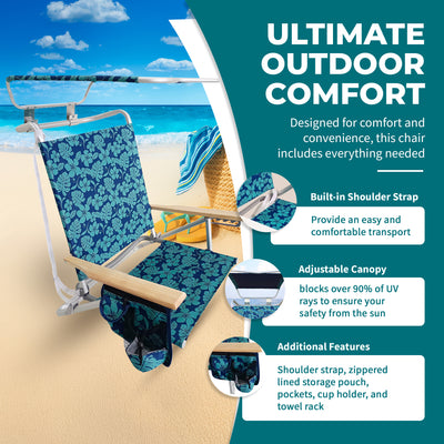 Bliss Hammocks Folding Beach Chair, Backpack Recliner with Canopy (Open Box) - VMInnovations