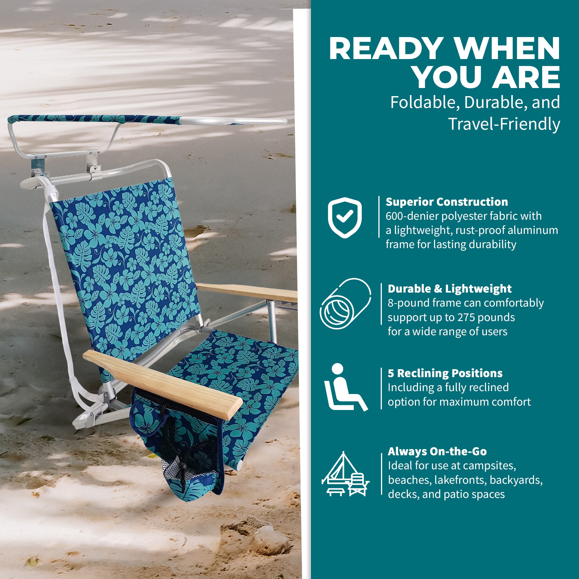 Bliss Hammocks Folding Beach Chair, Backpack Recliner with Canopy (Open Box) - VMInnovations