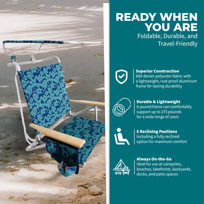 Bliss Hammocks Folding Beach Chair, Backpack Recliner with Canopy (Open Box) - VMInnovations