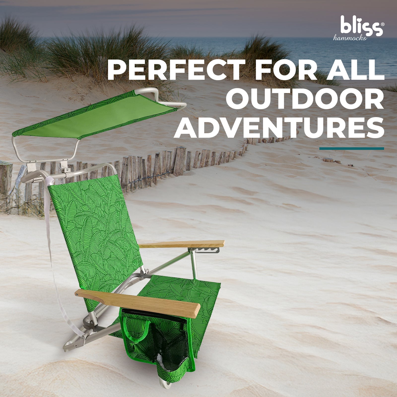 Bliss Hammocks Folding Beach Chair Recliner with Canopy, Green Banana Leaves - VMInnovations