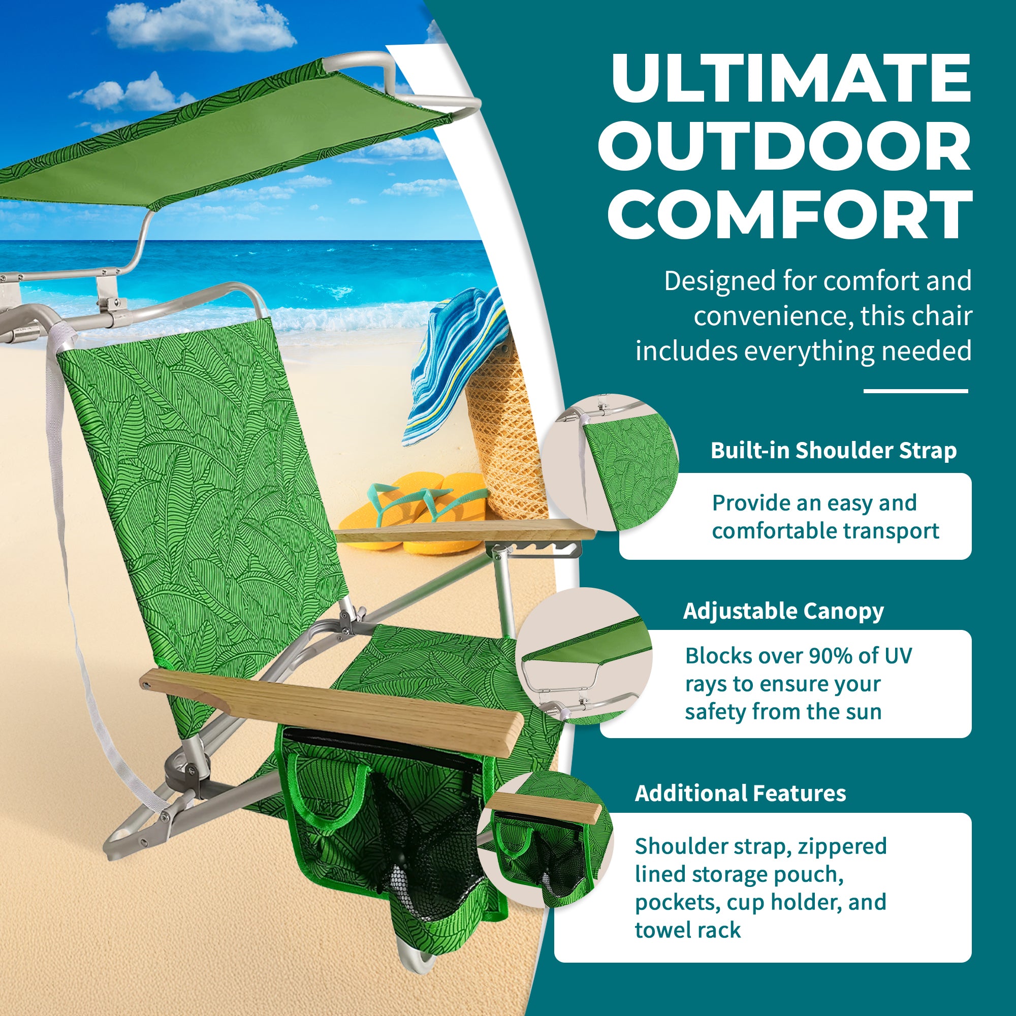Bliss Hammocks Folding Beach Chair Recliner with Canopy, Banana Leaves(Open Box) - VMInnovations