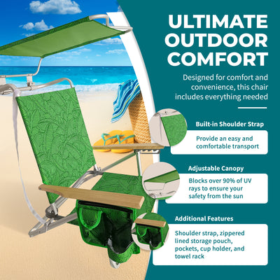 Bliss Hammocks Folding Beach Chair Recliner with Canopy, Banana Leaves(Open Box) - VMInnovations