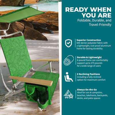 Bliss Hammocks Folding Beach Chair Recliner with Canopy, Banana Leaves(Open Box) - VMInnovations