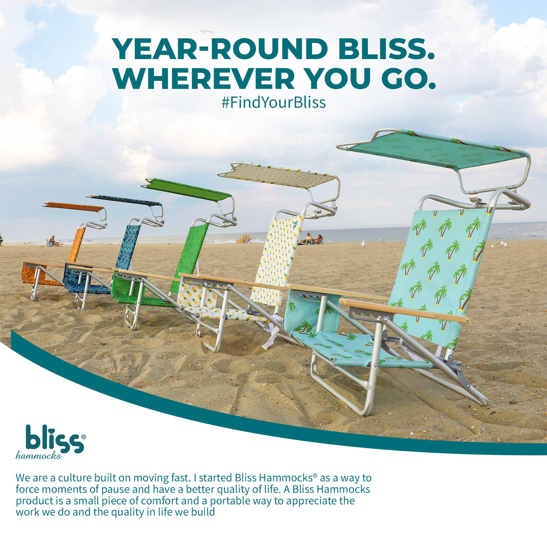 Bliss Hammocks Folding Beach Chair Recliner with Canopy, Green Banana Leaves