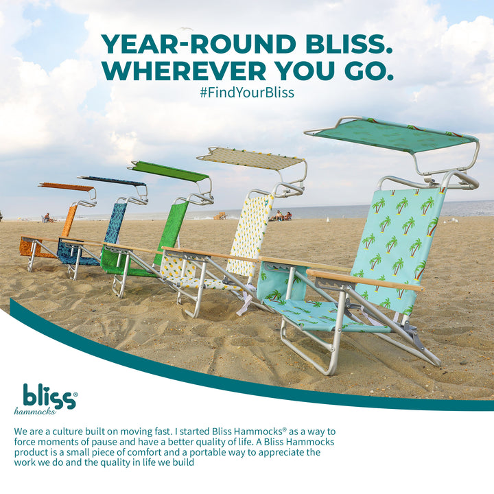 Bliss Hammocks Folding Beach Chair Recliner with Canopy, Green Banana Leaves
