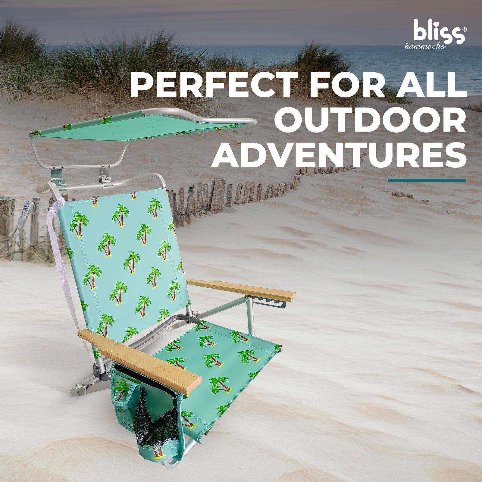 Bliss Hammocks Folding Beach Chair, Backpack Recliner with Canopy, Palm Tree - VMInnovations