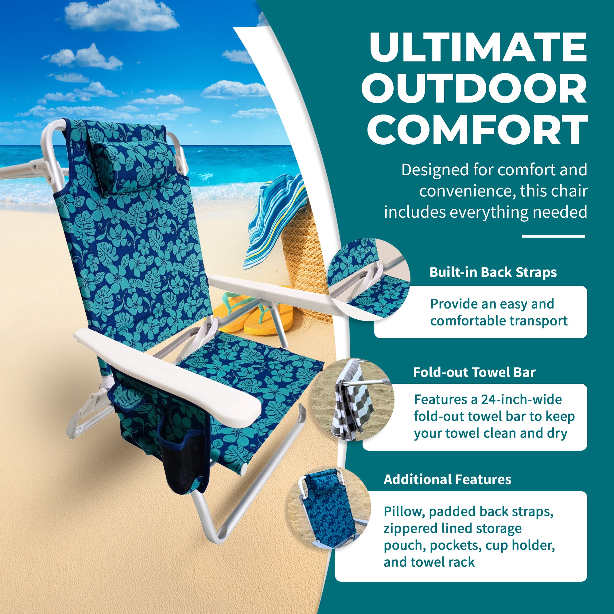 Bliss Hammocks Folding Beach Chair, Backpack Recliner with Towel Rack (Open Box) - VMInnovations