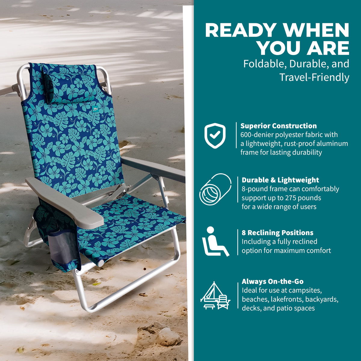 Bliss Hammocks Folding Beach Chair, Backpack Recliner with Towel Rack (Open Box) - VMInnovations
