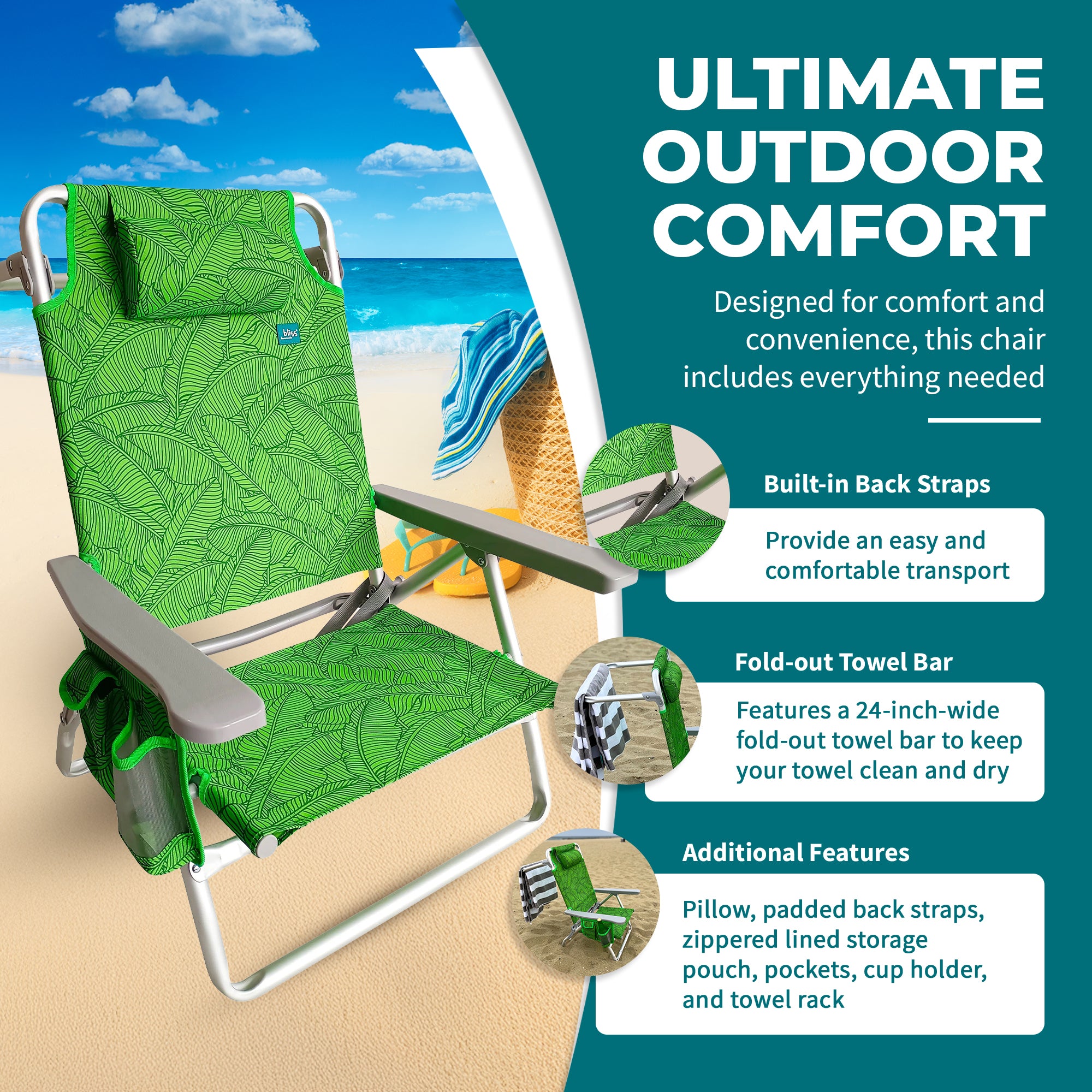 Bliss Hammocks Folding Beach Chair Recliner w/Towel Rack Banana Leaves(Open Box) - VMInnovations