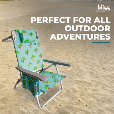 Bliss Hammocks Folding Beach Chair, Backpack Recliner with Towel Rack, Palm Tree - VMInnovations