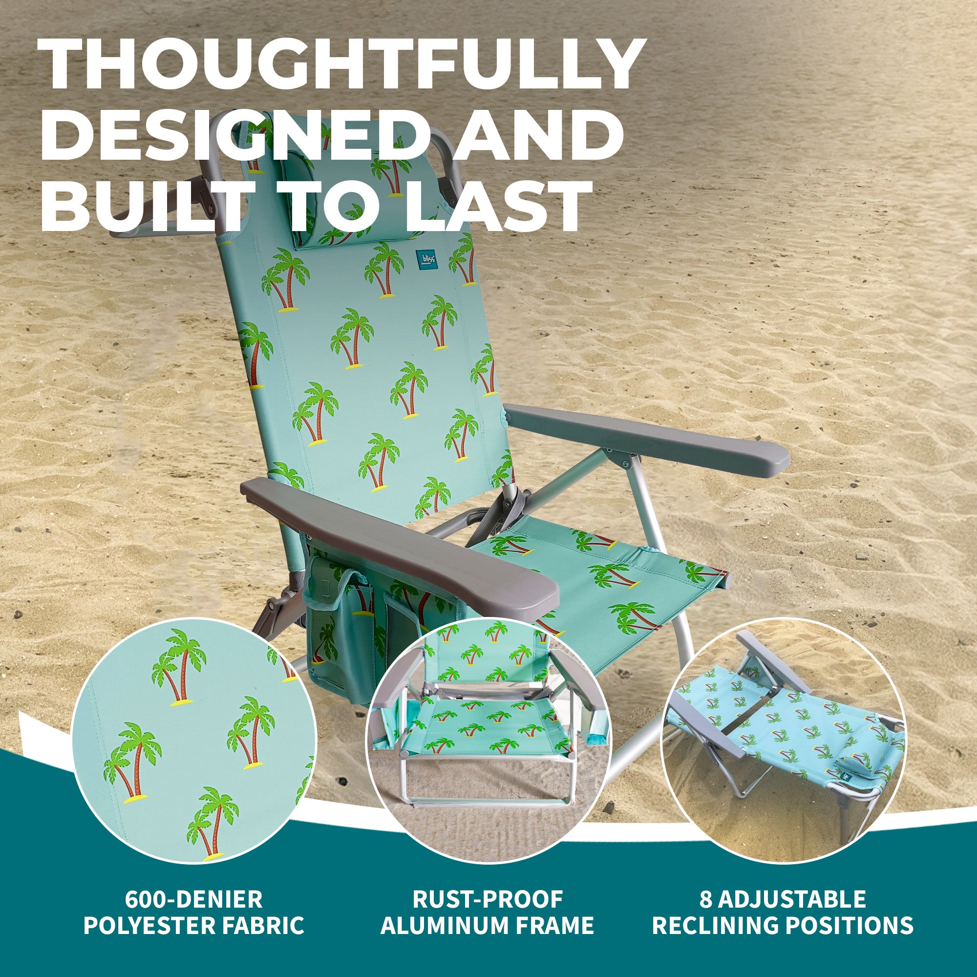 Bliss Hammocks Folding Beach Chair, Backpack Recliner with Towel Rack, Palm Tree - VMInnovations